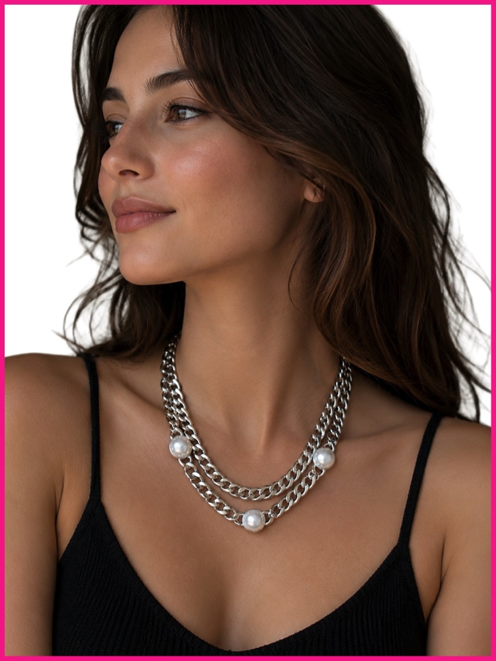 Ellen Tracy Chunky Silver Chainlink Pearl Necklace